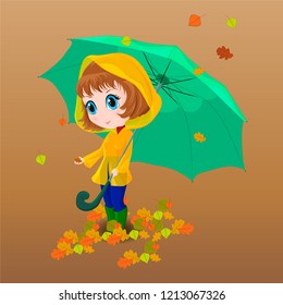 Girl with a large umbrella, in a raincoat and rubber boots for a walk under the autumn leaves.