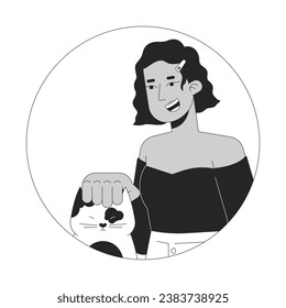 Girl latina petting domestic kitten black and white 2D vector avatar illustration. Hispanic lady cat head scratching outline cartoon character face isolated. Pet lover female flat user profile image