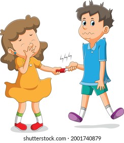 The girl is laughing and boy electrocute by the girl tool of illustration