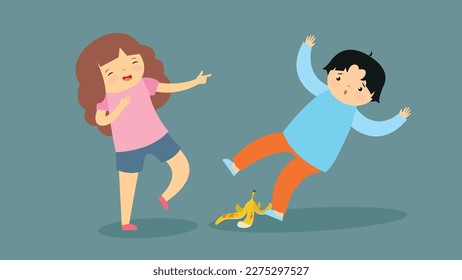 A girl laughs at a boy slipping on a banana peel. Vector illustration.