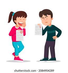 Girl laughs at boy who scores poorly in a test 