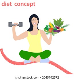 The girl laughs, holds a dumbbell and a dish with vegetables in her hand, measuring tape - vector. Diet concept. Intermittent fasting