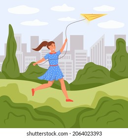 A girl launches a kite in a city park. Flat cute vector illustration