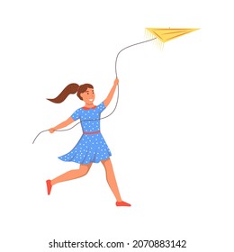 A girl launches a kite in a city park. Flat cute vector illustration