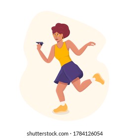 Girl launches a paper plane, business idea, project start, conceptual color bright vector illustration in flat style for websites, children's literature