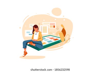 Girl launching her own application Vector Illustration concept. Flat illustration isolated on white background.