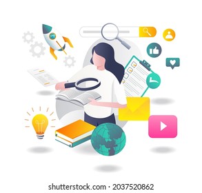 Girl launching a rocket from a book in flat illustration