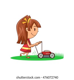 Girl lawn mower, vector illustration