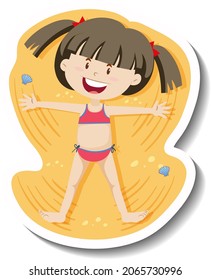 A girl lay down on the sand cartoon sticker illustration