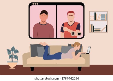 Girl lay down on sofa while doing virtual hangout during pandemic outbreak. Online hangout virtual meeting. Video chat physical distancing. New normal daily routines. Flat vector illustration.