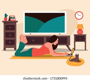 Girl Lay On the Floor with Laptop Vector illustration