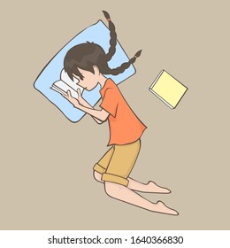 A girl in lay position and reading a book cartoon character.