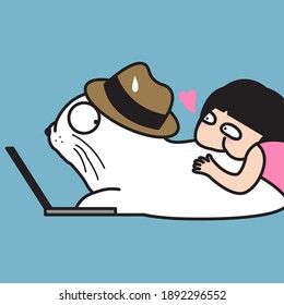 Girl Laying Down And Biting At Her Lover Seal Boy’s Back Who Working On Laptop Concept Card  Character illustration