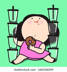  Girl Laying Down With Bloated Stomach, Surounding By Food And Drinks Concept Card Character illustration