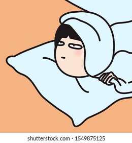 Girl Is Laying Down On Bed, Cover Her Body With Blanket, With Tired And Exhausted Face, Morning Time Concept Card Character illustration