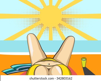 Girl laying on the beach. Pop-art illustration. Vector.