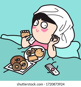 Girl Laying On Bed With Bath Towel On Head And Under Eye Mask On Face. Concept Card Character illustration