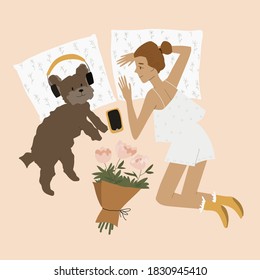 Girl laying on a bed with dog vector illustration. Woman and her pet listen music on headphones. Relaxing, staying at home concept. Romantic mood. Lady and her domestic animal resting. Cozy place.