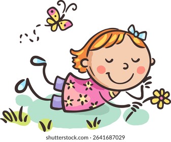 Girl laying on blooming lawn