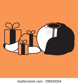 A Girl Laying On Floor Tied With A Black Ribbon And Bow On, Surrounded By Other Gift Boxes Concept Card Character illustration