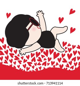 Girl Laying On Heart-Shaped Background Material Concept Valentine Love Card Character illustration