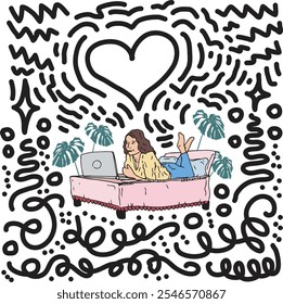 Girl laying on her bed and watching laptop hand drawn outline illustration. Lady resting on the bed, working on the portable computer with doodle drawing around. Single woman working form home.