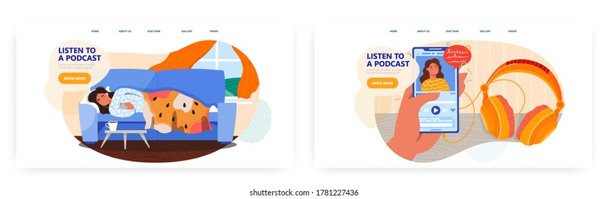Girl laying on sofa and listen to music. Mobile phone podcast and music stream app. Podcast concept illustration. Vector web site design template. Playlist, headphones