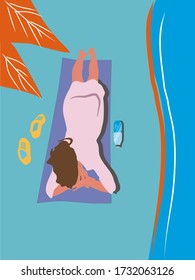 Girl laying on towel near sea. Hand drawn vector illustration. Summer vacation concept. Pretty girl sunbathing at the beach. Relaxing flat cartoon style drawing