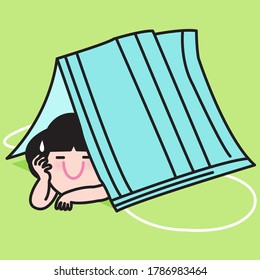 Girl Laying In Opened Face Mask Tent To Protect Against Virus Concept Card Character illustration