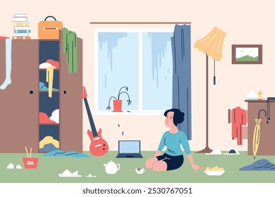 Girl lazy in room. Female character sitting on floor in living room in messy, with litter and chaos. Depression lonely or state of apathy, recent vector scene