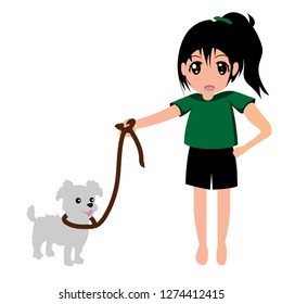 The girl lead the puppy.