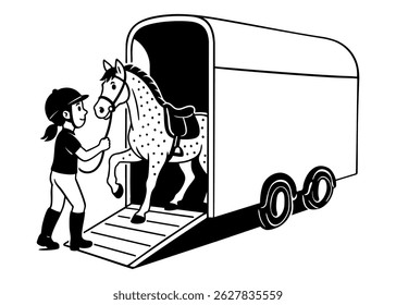 Girl leading a horse into a trailer for transportation