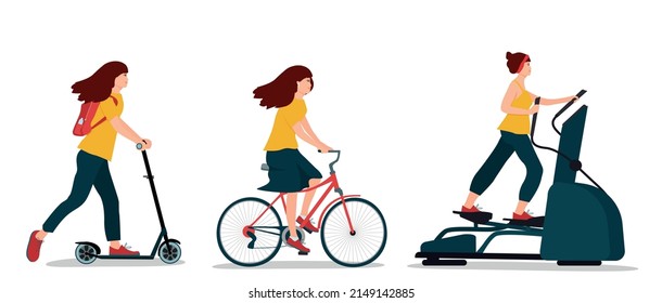 The girl leads an active lifestyle: a scooter, cycling, classes on an elliptical simulator. Vector illustration.