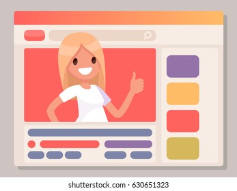 Girl leads her channel on the popular video hosting. The Star of the Internet. Vector illustration in a flat style