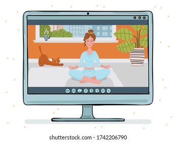 Girl leads a lesson online. Training on the monitor screen. Color image on a white background.