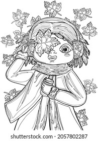 girl with leaf autumn coffee hot drink cheerful coloring book anti-stress for children and adults print illustration page