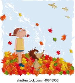 The girl and a leaf fall