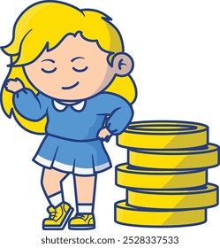 Girl Lean on Stacks of Giant Coin Illustration
