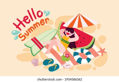 Girl Lean on Waternelon and Relax on The Beach With Summer Objects in Summer Time, Vector, Illustration