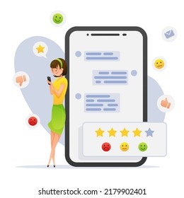 Girl leaned on big phone, appreciating Feedback with stars and smiles in support chat isolated on white background. Vector illustration for postcard, banner, web, advertising, design, arts, articles.