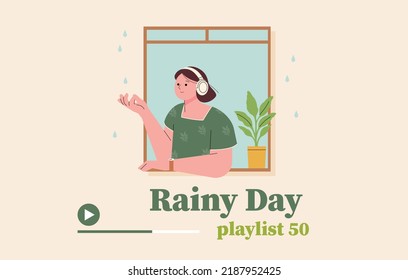 A girl is leaning against the window, listening to music and feeling the raindrops with her hands. emotional concepts. flat design style vector illustration.