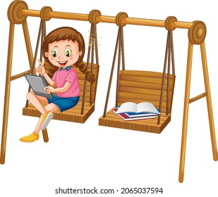Girl leaning online with tablet on swing chair illustration