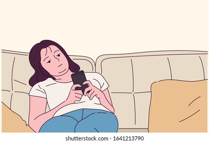 A girl leans deep into the sofa and looks at her cell phone with a free expression. hand drawn style vector design illustrations. 