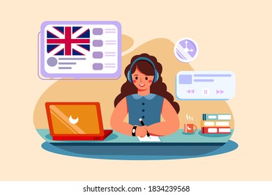 The girl learn english listening online. 