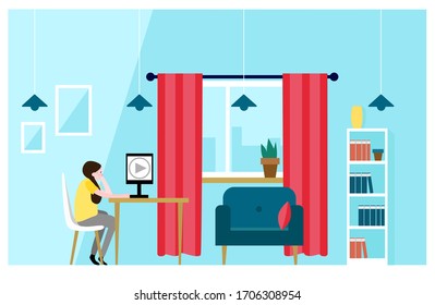 Girl learn online at home. Interior of the house-Table, Window, chair, shelf. Home education, distance learning