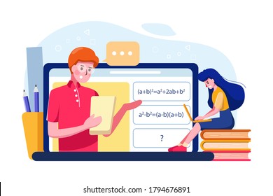 The Girl Learn Online Math Tutoring. Vector Illustration Concept.