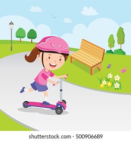Girl learn to ride scooter. Vector illustration of a little boy riding a scooter in a park.