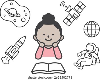 Girl Learning About Space. Cute and Simple Illustration of a Child Exploring the Universe.