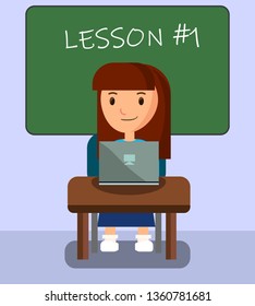 Girl Learning in Classroom Using Laptop Banner Vector Illustration. First lesson of Course in School. Education via Internet. tudent Character Sitting at Desk Typing on Computer near Blackboard.