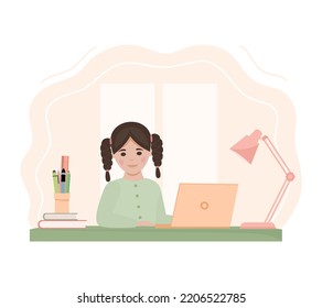 Girl learning with a computer and books. Online education. Vector illustration 